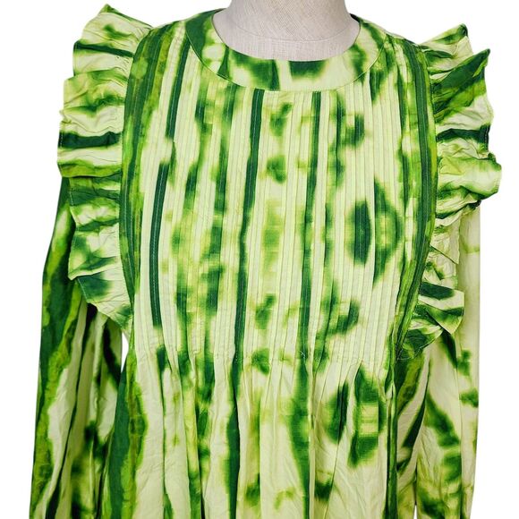 Samant Chauhan‎ Anthropologie Top S Green Tie Dye Ruffle Long Sleeve Blouse - Picture 2 of 8